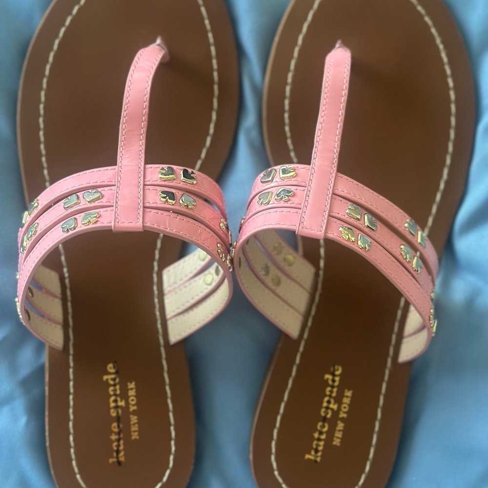 kate spade Pink Leather Toe-Post Sandals with Gold Heart Studs